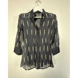 Nic + Zoe Black Sheer Button-Up Shirt With Embroidered Pattern 3/4 Sleeve PS